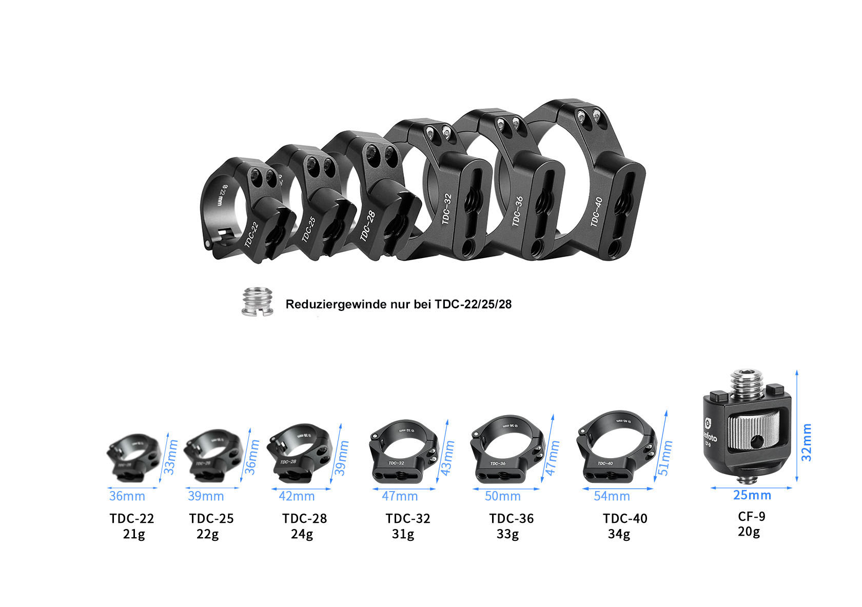 Leofoto Stativbeinschelle TDC-25 25 mm + CF-9 Gewindeadapter
